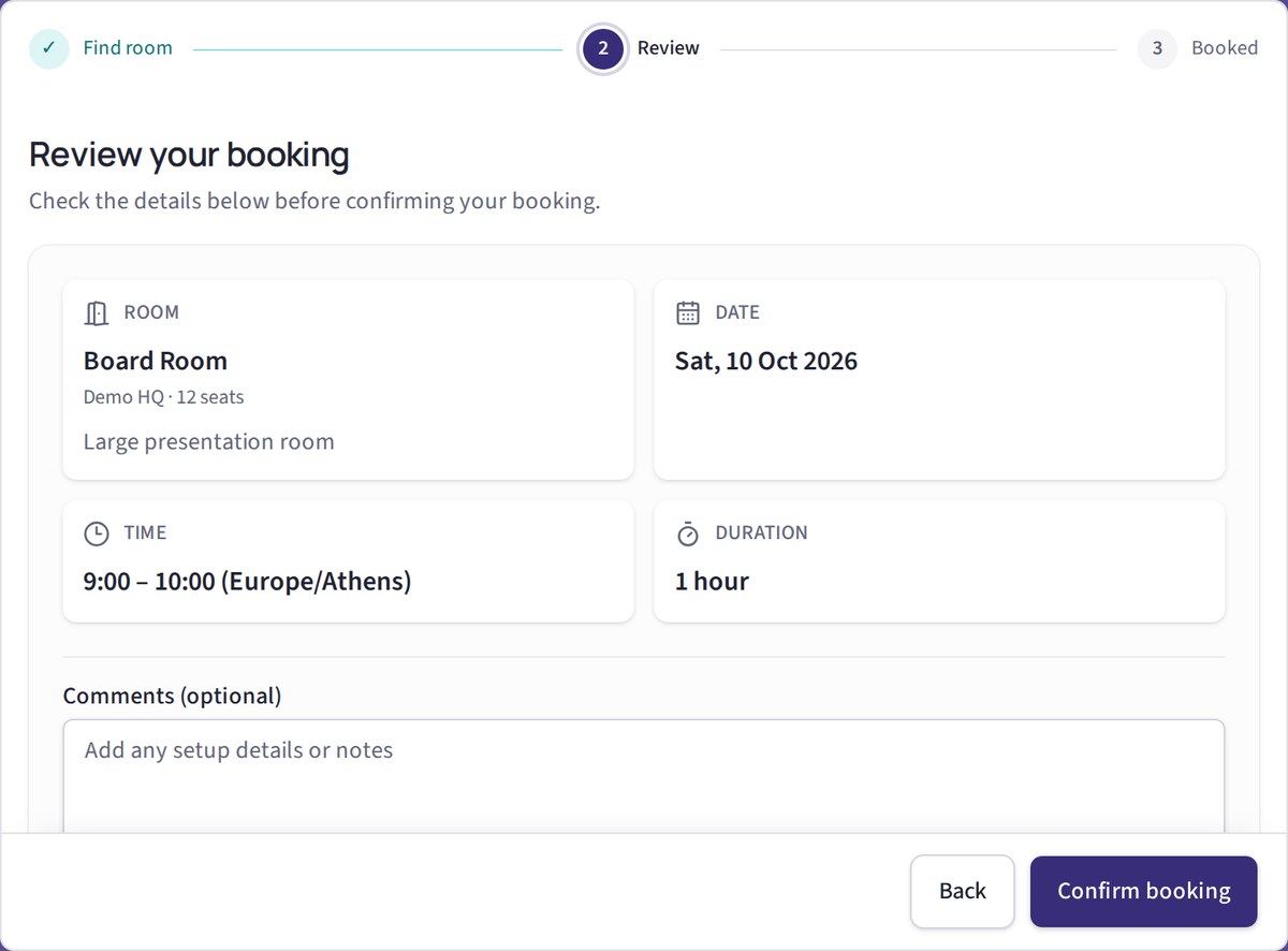Qognity Booking: the requester reviews room, date, time and duration before Confirm booking