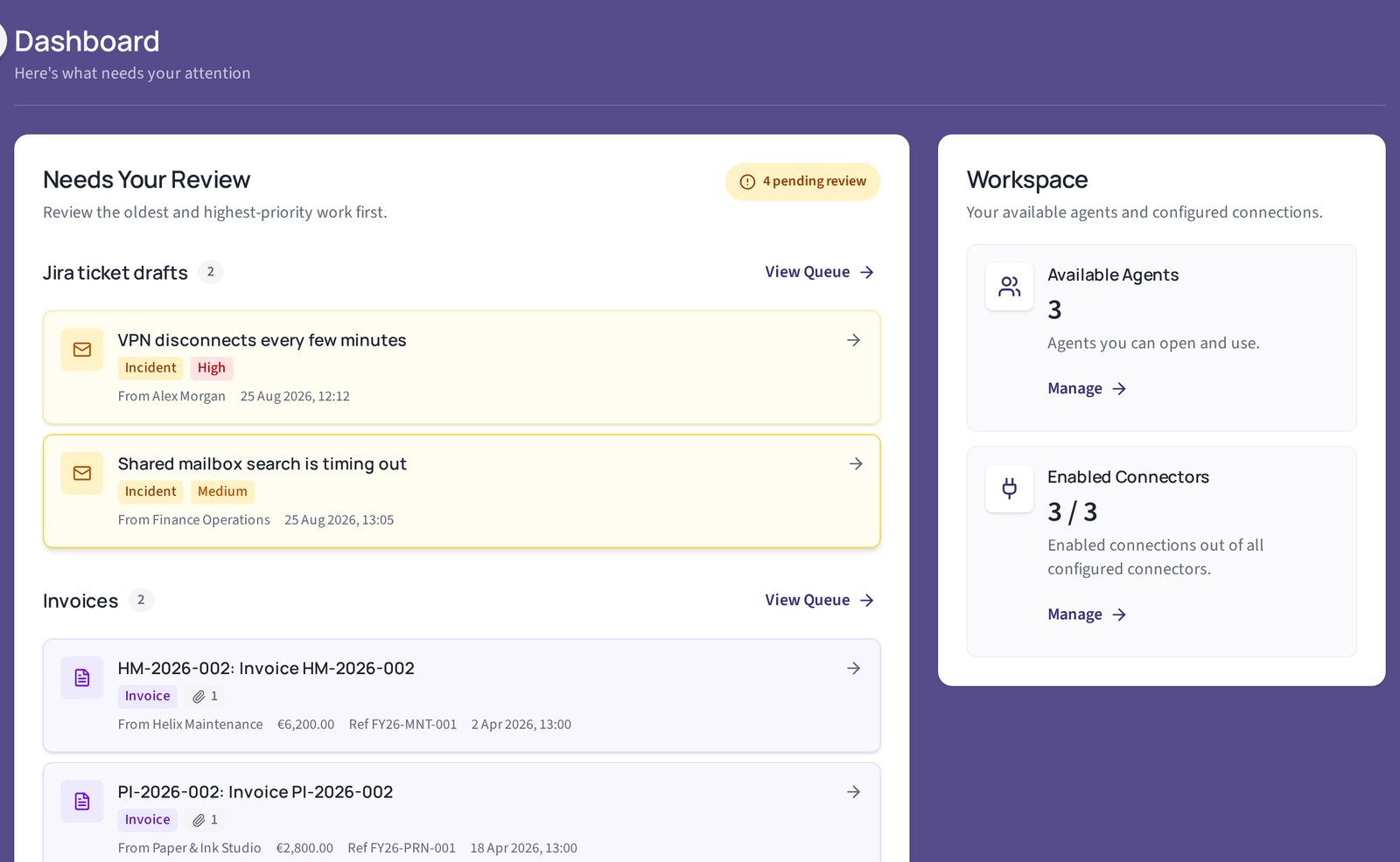 Qognity Suite dashboard listing the Jira ticket drafts and invoices waiting for review