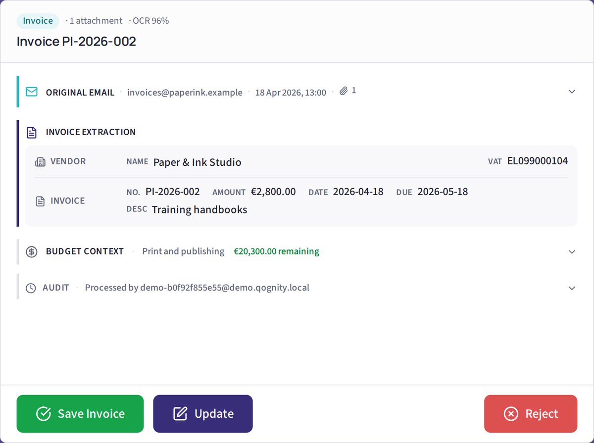 Qognity Vendors: an invoice read by OCR, with vendor, budget context and Save Invoice, Update and Reject buttons